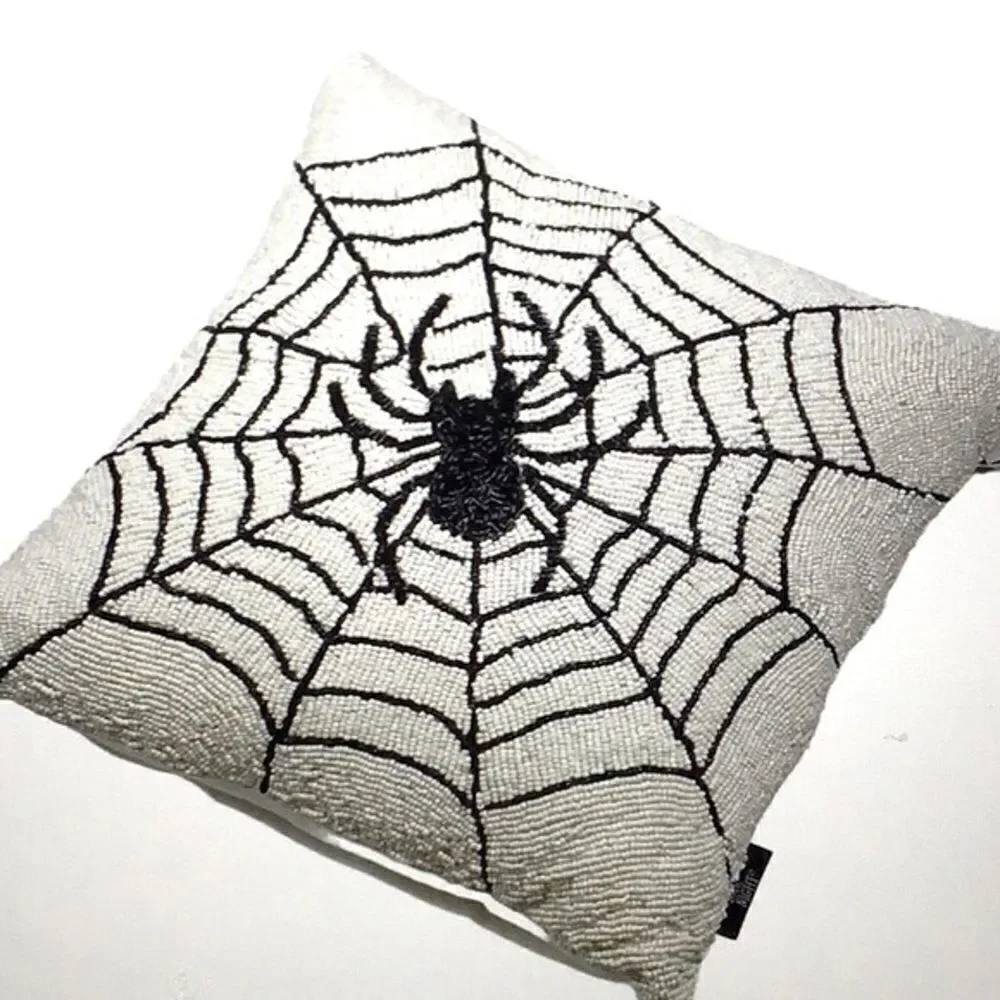 Noir Night Black Spiderweb White Beaded 16” Halloween Decor Accent Throw Pillow